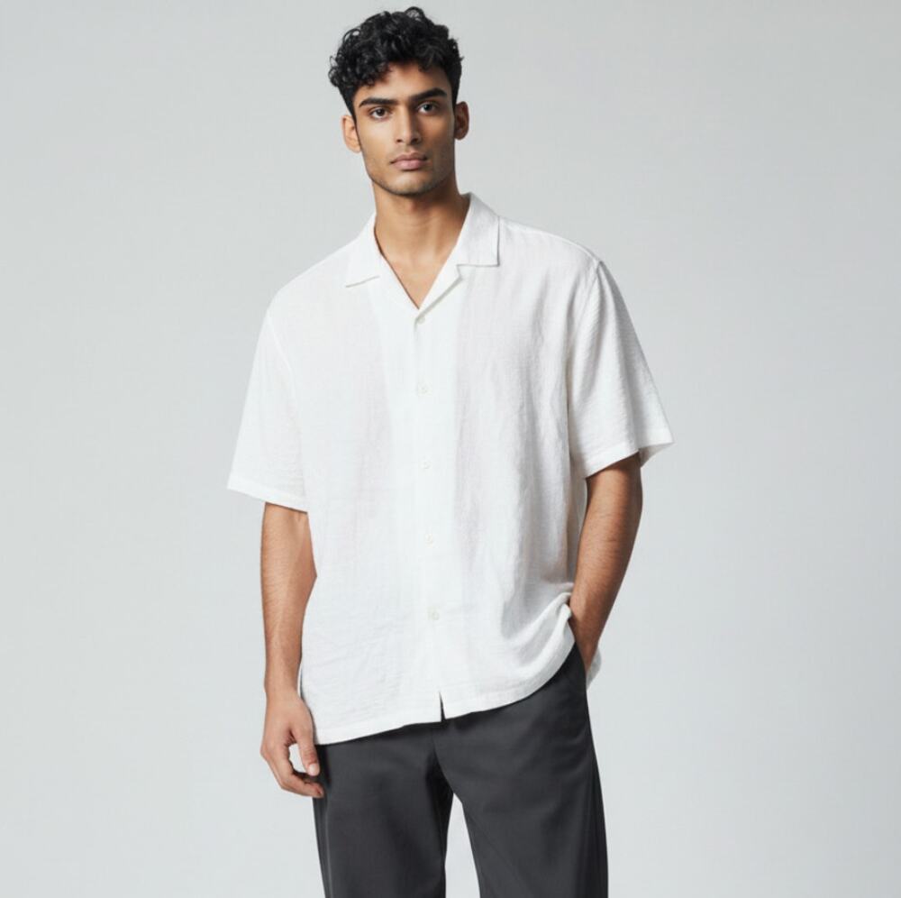 DENIM & FLOWER Men's Textured Knit Camp Shirt Size XL In Off White